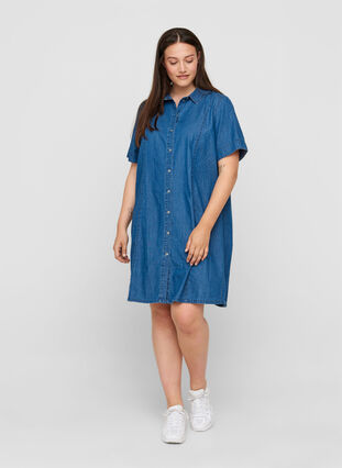 Denim shirt dress with short sleeves, Medium Blue denim, Model image number 2