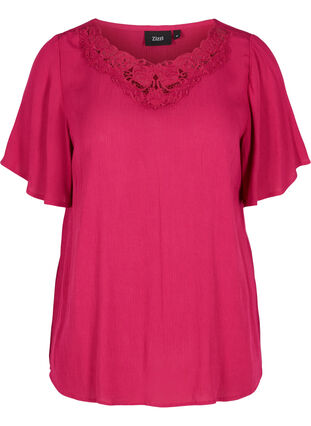 Short-sleeved viscose blouse with lace, Sangria, Packshot image number 0