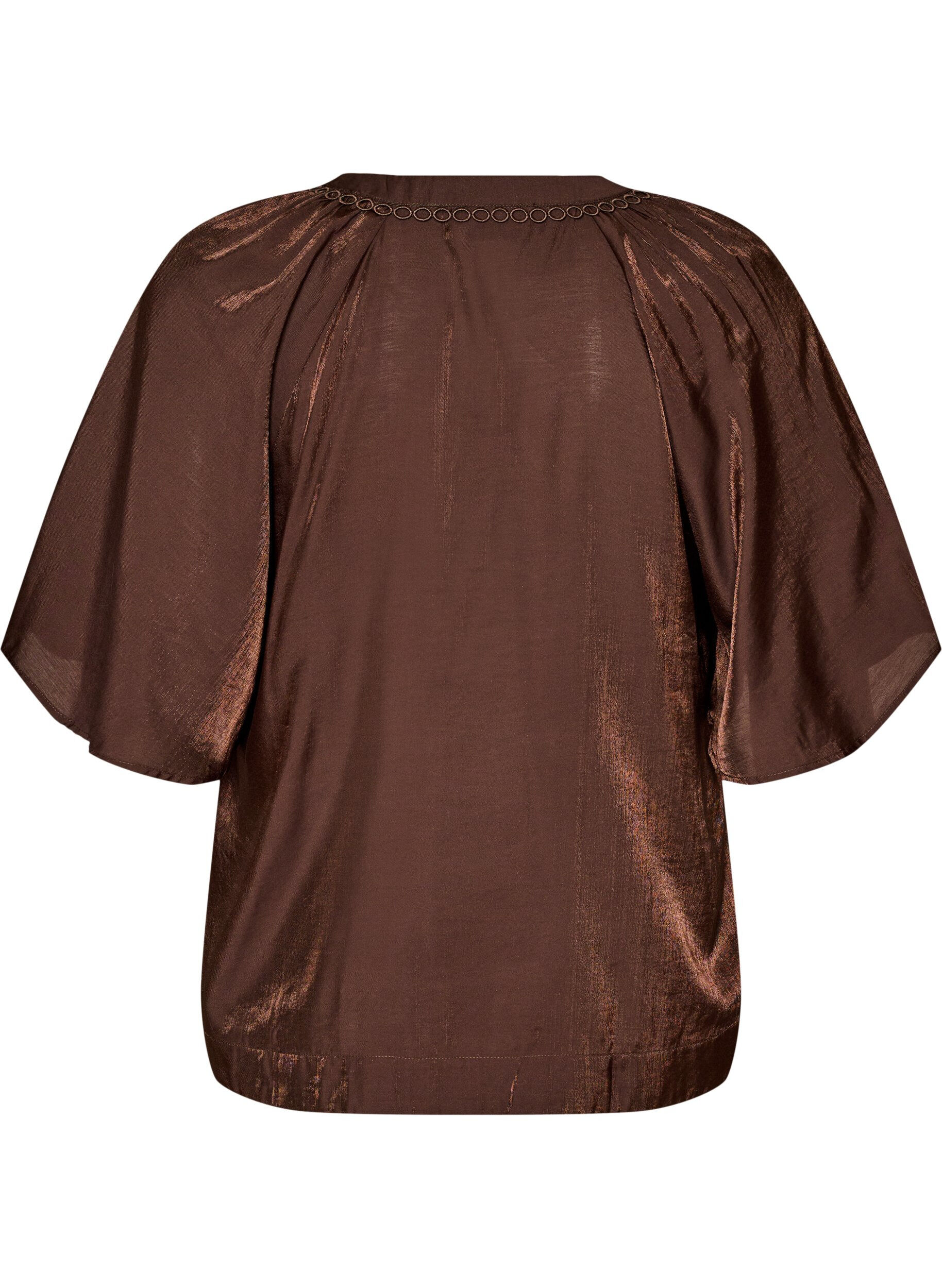 Zizzifashion Viscose blouse with V-neck and decorative details, Brown, Packshot image number 1