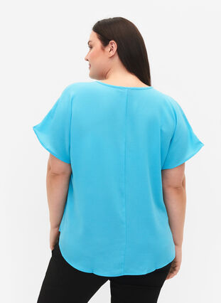 Blouse with short sleeves and a round neckline, Blue Atoll, Model image number 1