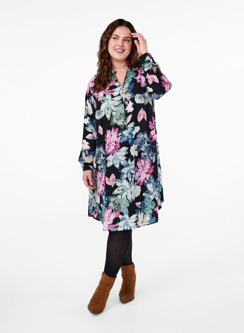 Long-sleeved dress with floral print, Rose Flower AOP, Model image number 2