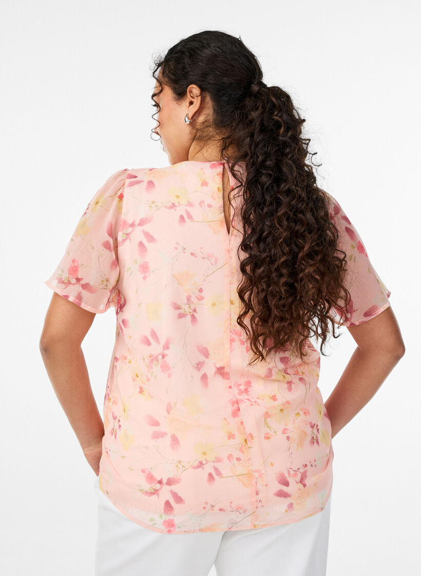 Blouse with floral print and airy sleeves, Orange, Model image number 2