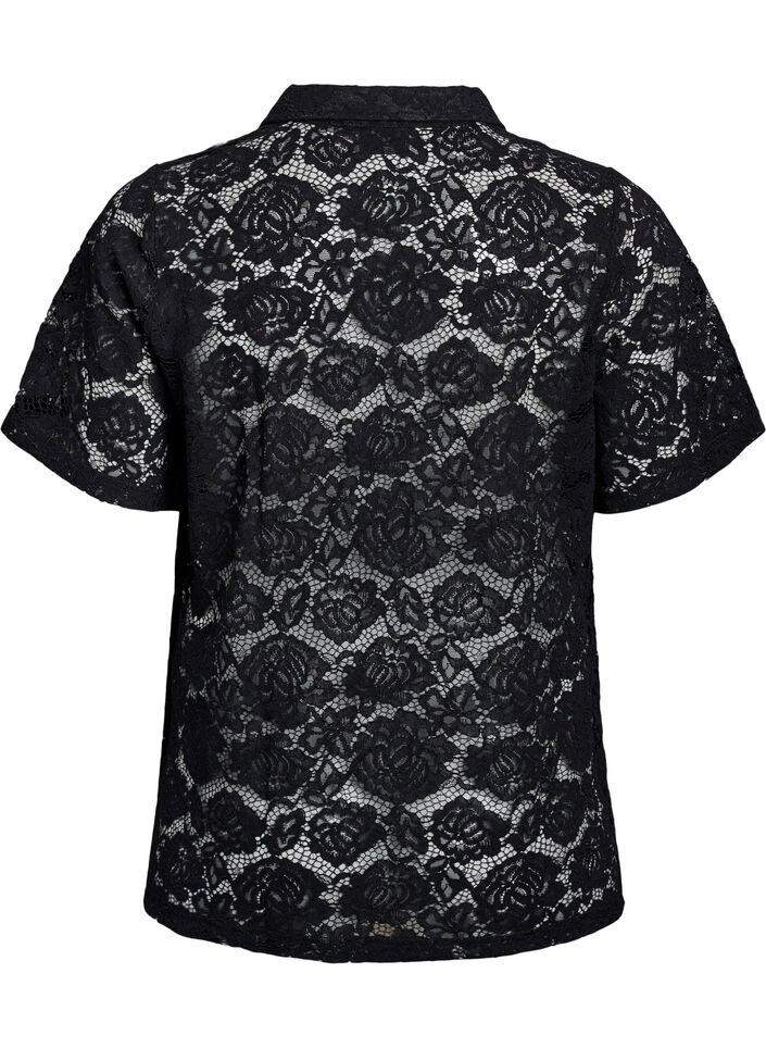 Lace blouse with a collar and V-neck, Black, Packshot image number 1