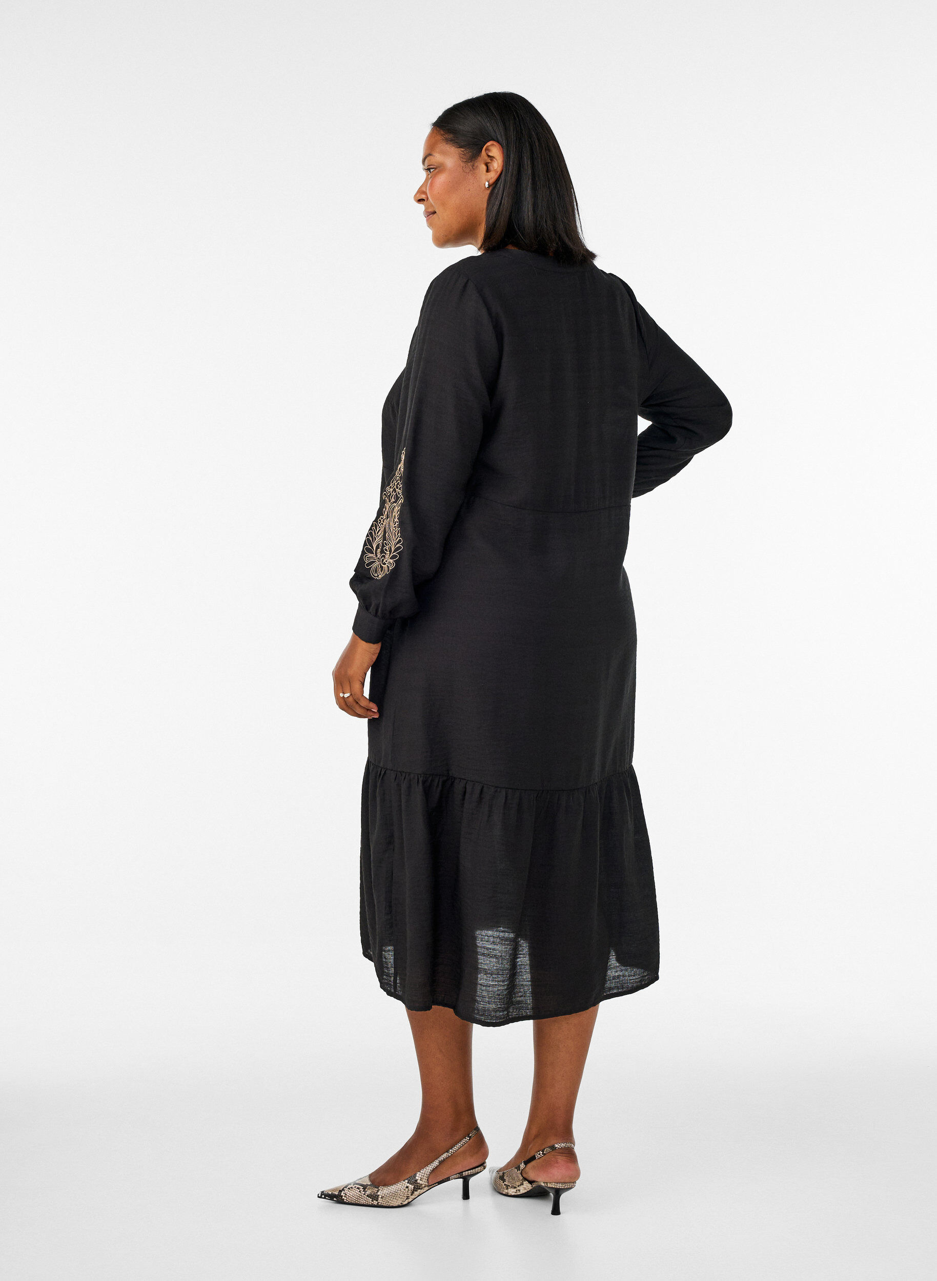 ZizzifashionViscose dress with embroidery and tiered ruffles, Black, Model image number 1