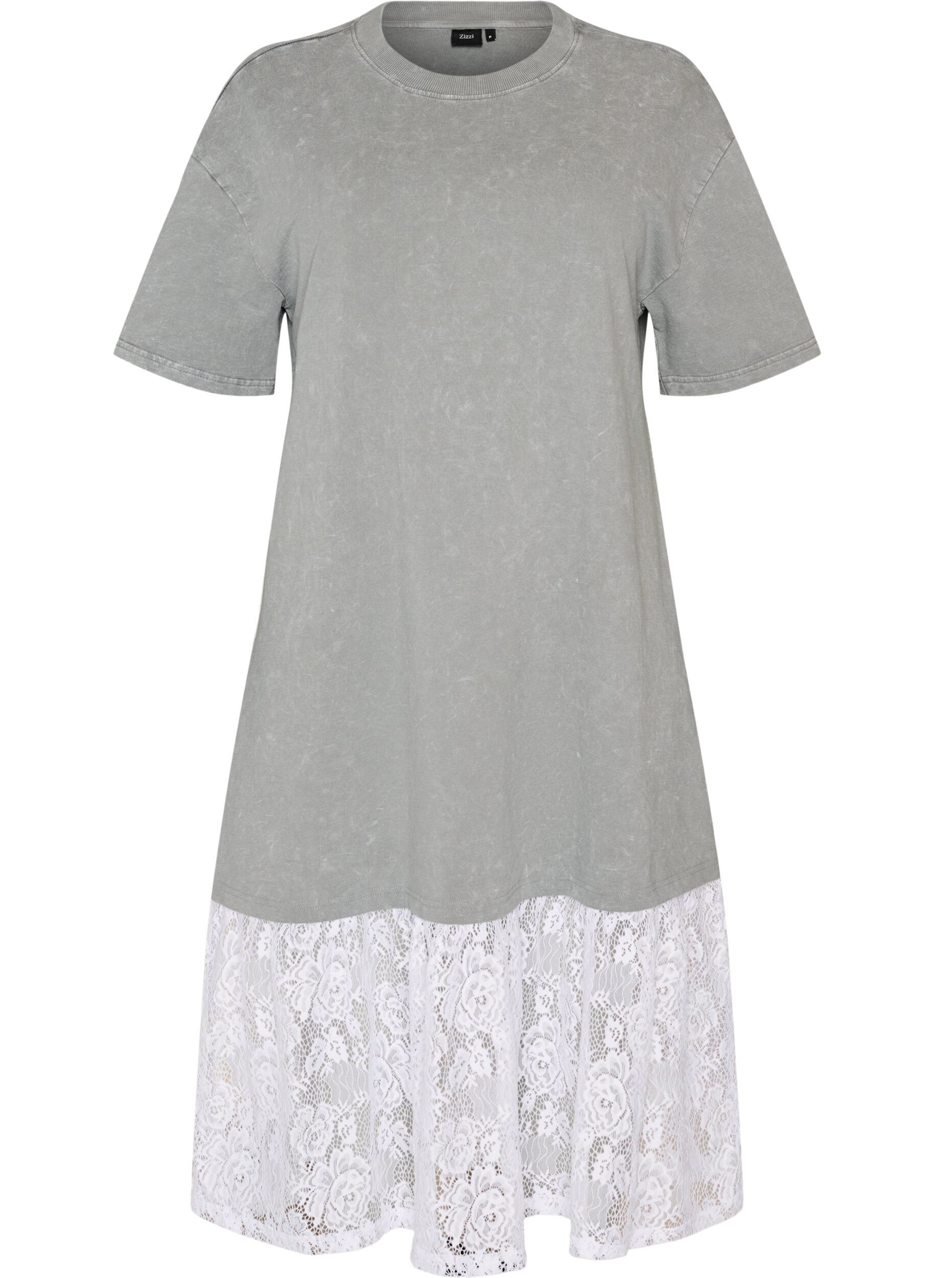 Zizzifashion Loose T-shirt dress with lace trim, Grey, Packshot image number 0