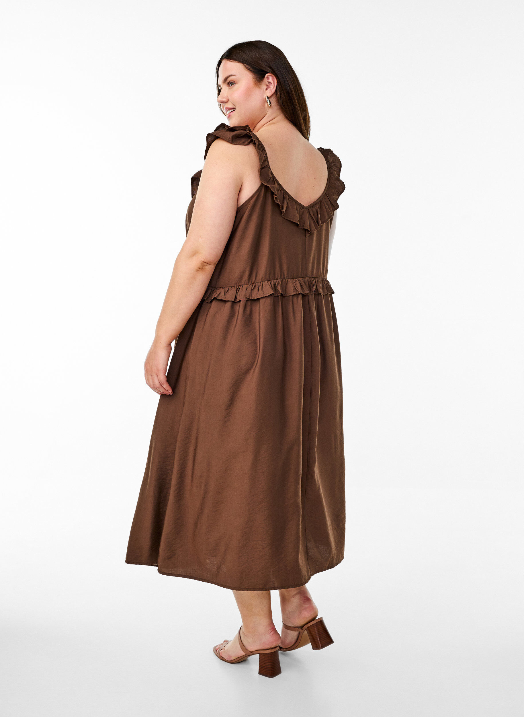 Zizzifashion Sleeveless midi dress with ruffle details, Brown, Model image number 1