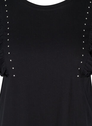 Short-sleeved cotton t-shirt with ruffles, Black, Packshot image number 2