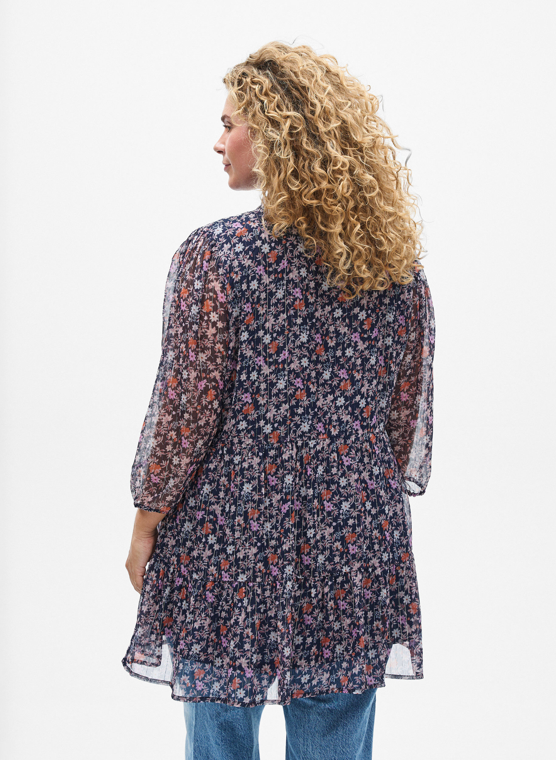 Zizzifashion Tunic with floral print and glitter threads, Blue, Model image number 2