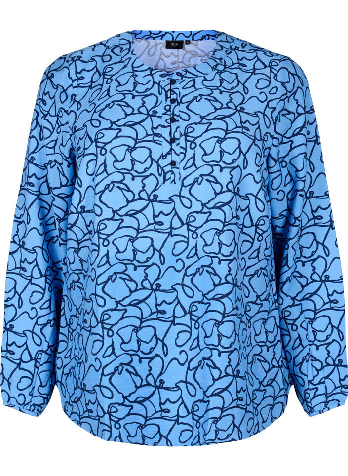 Long-sleeved blouse with pattern and buttons, Light Blue, Packshot image number 0
