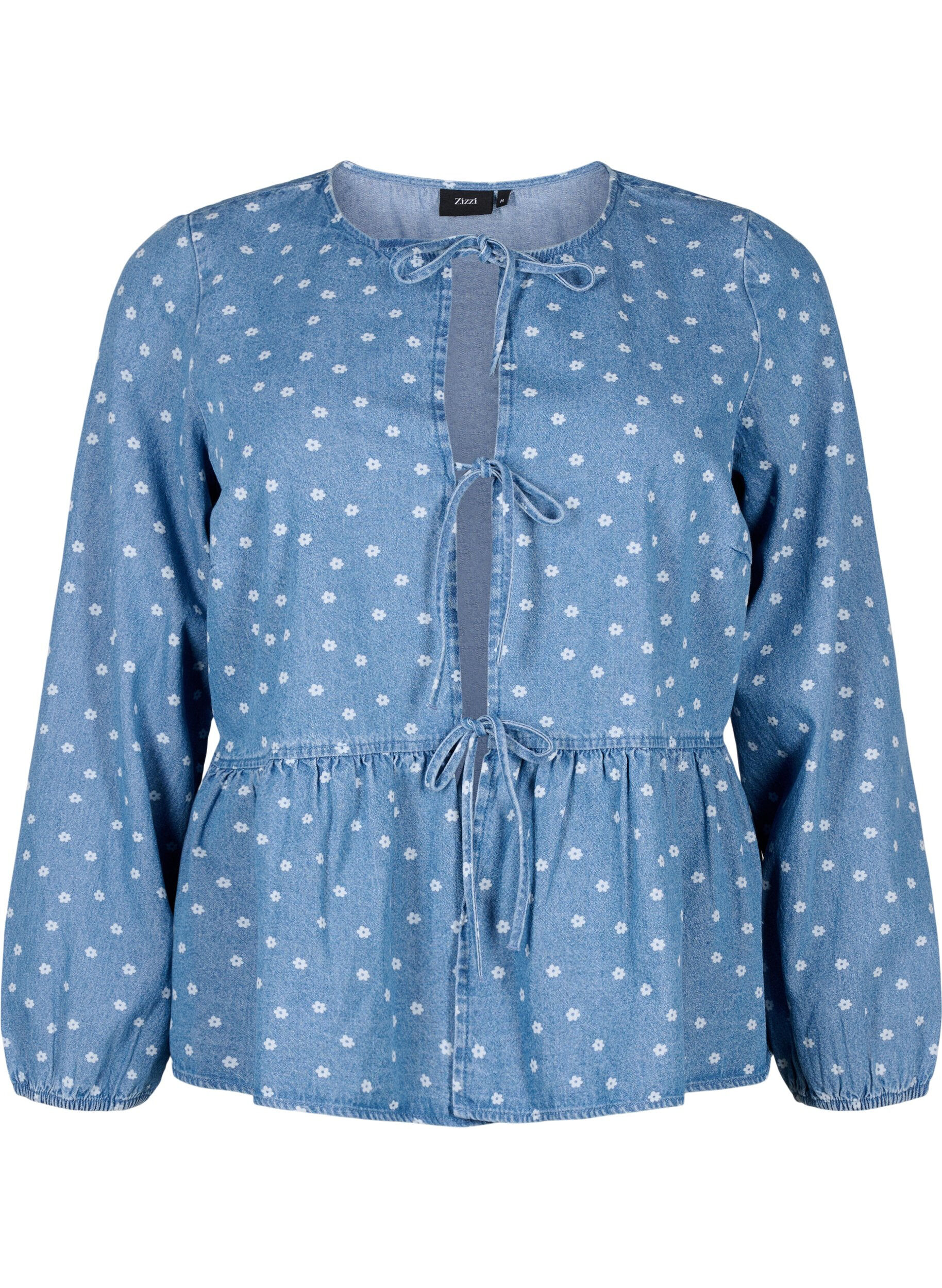 Zizzifashion Denim peplum blouse with tie fastening, Light Blue w.Flowers, Packshot image number 0