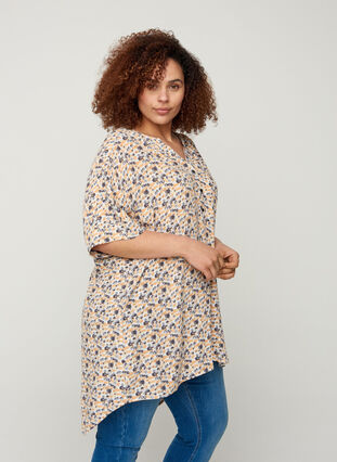 Short-sleeved viscose tunic with print, Yellow Berry, Model image number 0