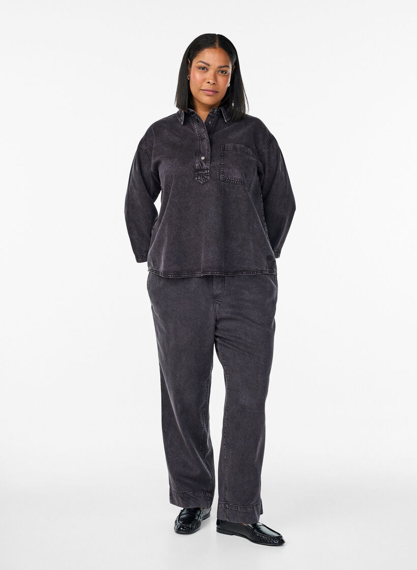 Loose denim shirt with 3/4-sleeves, Grey, Model image number 1