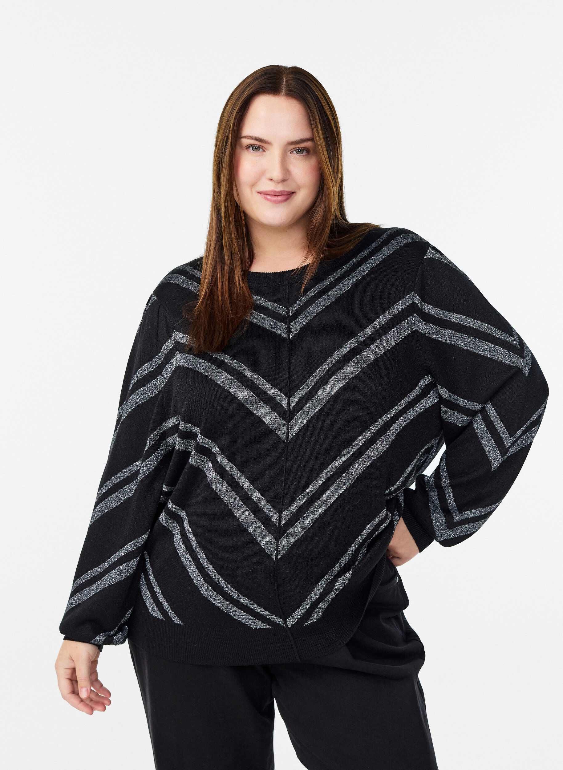 Patterned knit blouse with glitter effect, Black, Model