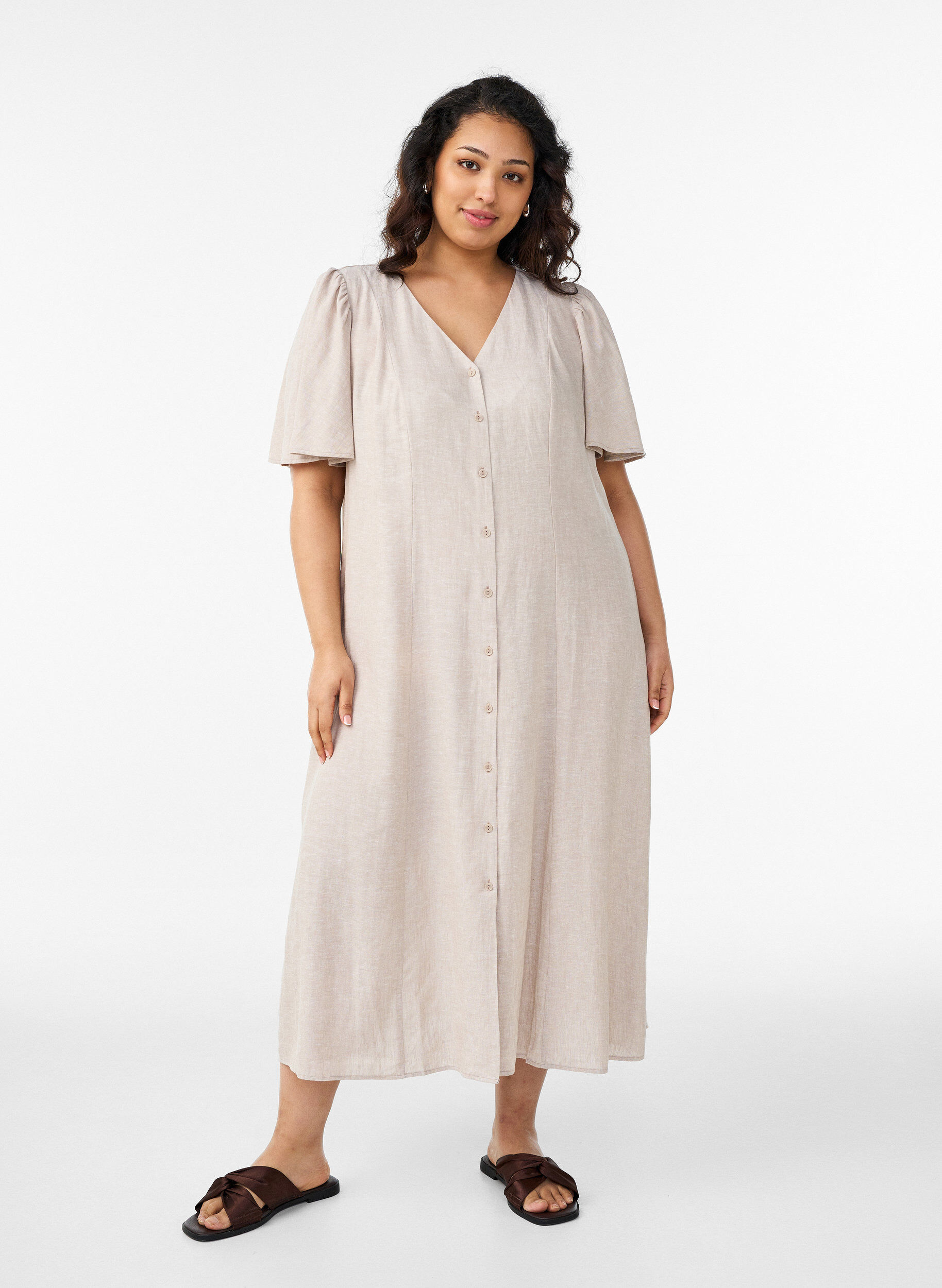 Zizzifashion Midi dress in linen and viscose with ruffle sleeves, Beige, Model image number 0