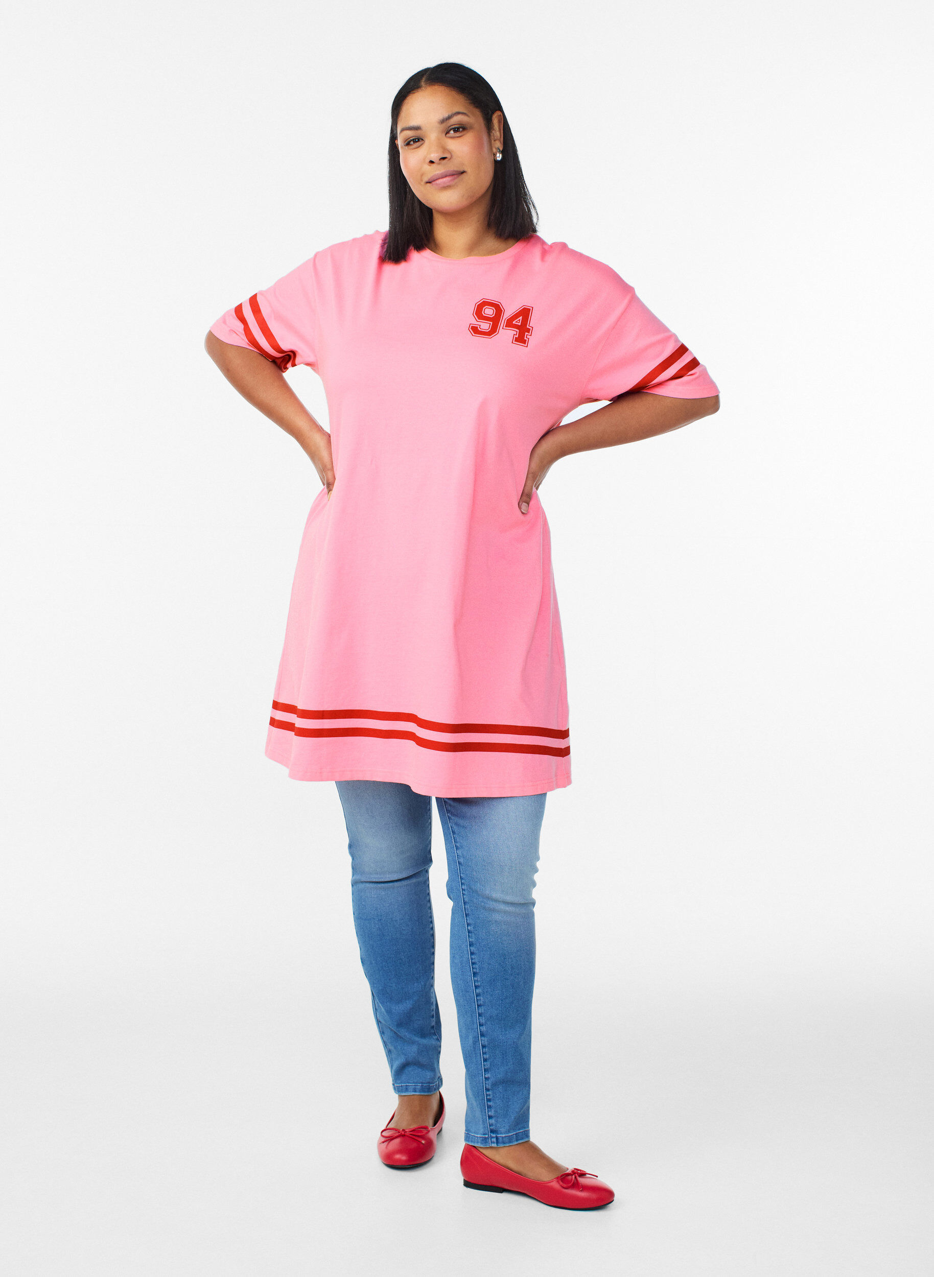 Zizzifashion Short T-shirt dress with sporty details, Pink, Model image number 1