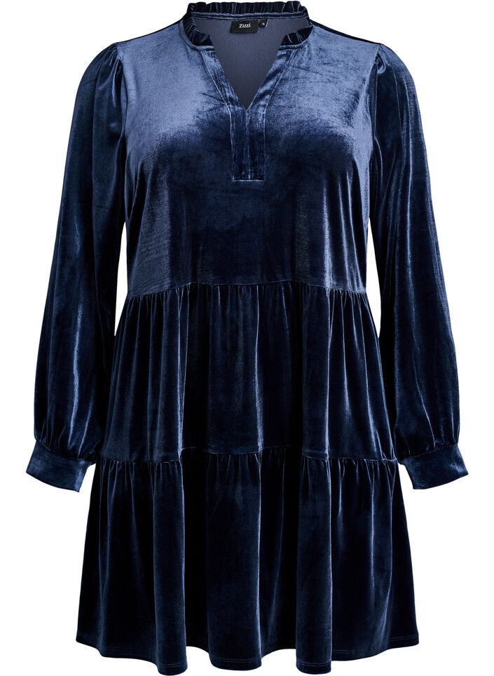 Short velour dress with a ruffle collar and long sleeves, Blue, Packshot image number 0
