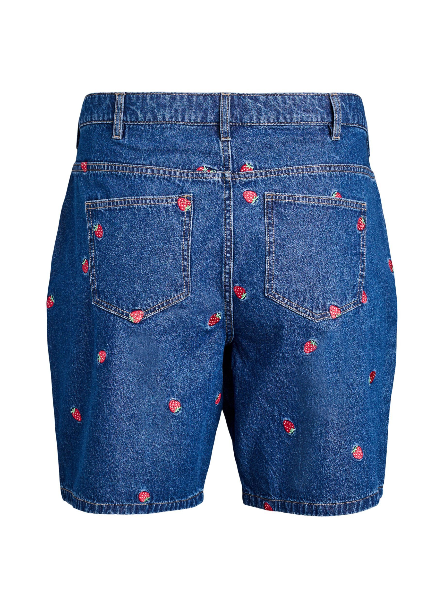 Zizzifashion Denim shorts with embroidered strawberries, Blue, Packshot image number 1