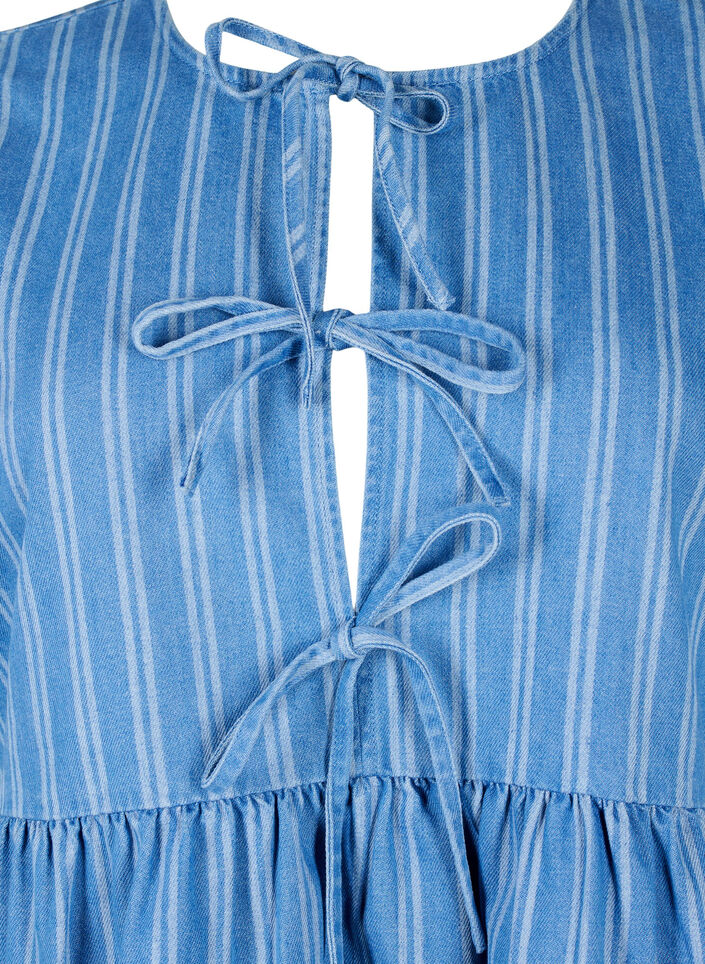 Short-sleeved denim blouse with stripe pattern, Blue, Packshot image number 2