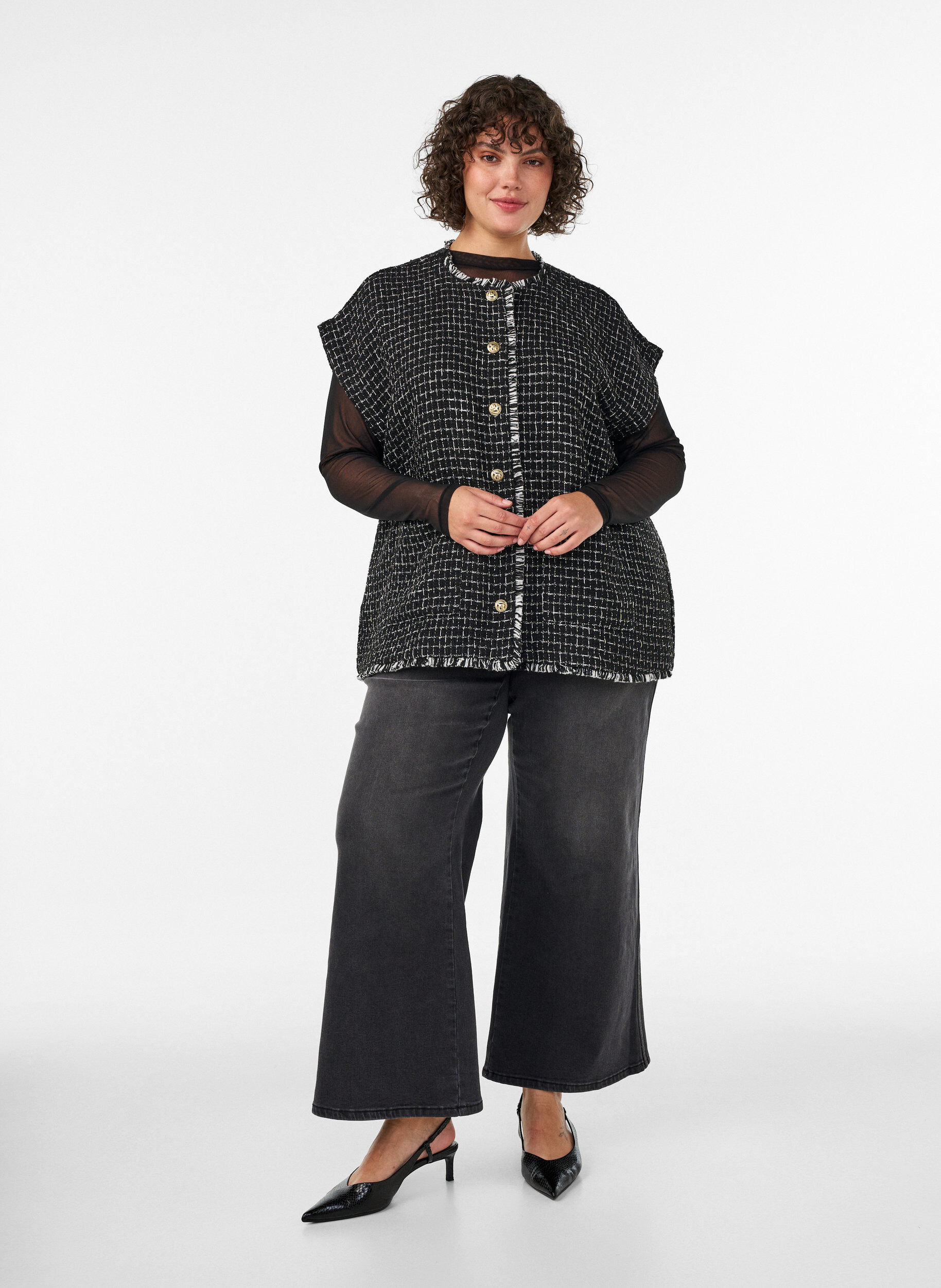 ZizzifashionChecked waistcoat with decorative buttons, Black, Model image number 1
