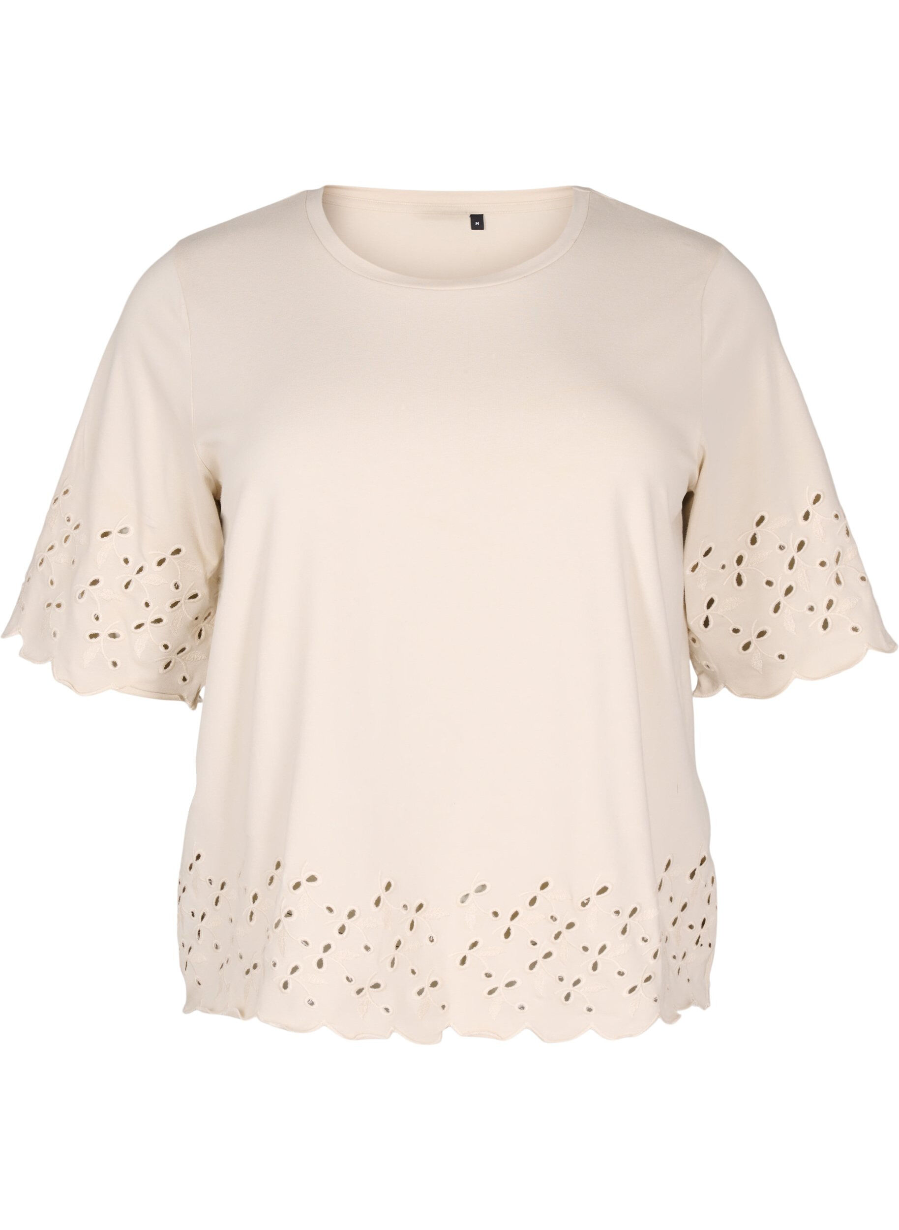 Zizzifashion T-shirt with broderie anglaise and scalloped edges, Beige, Packshot image number 0