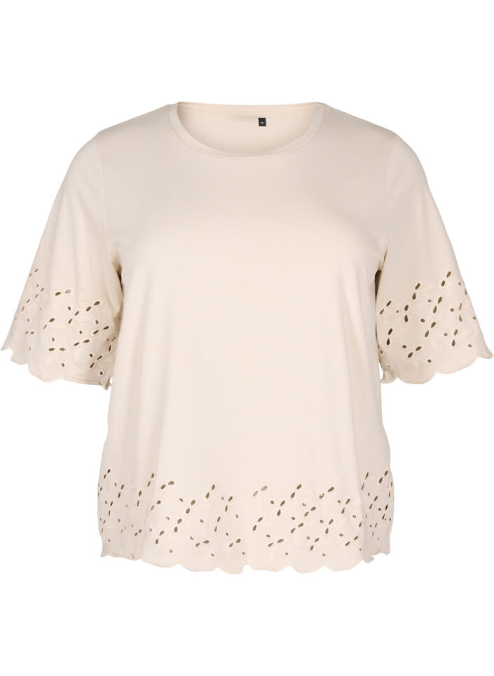 T-shirt with broderie anglaise and scalloped edges, Beige, Packshot image number 0