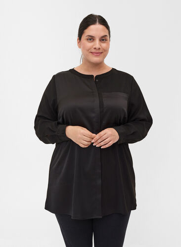 Long, solid-coloured shirt with breast pocket, Black, Model image number 0