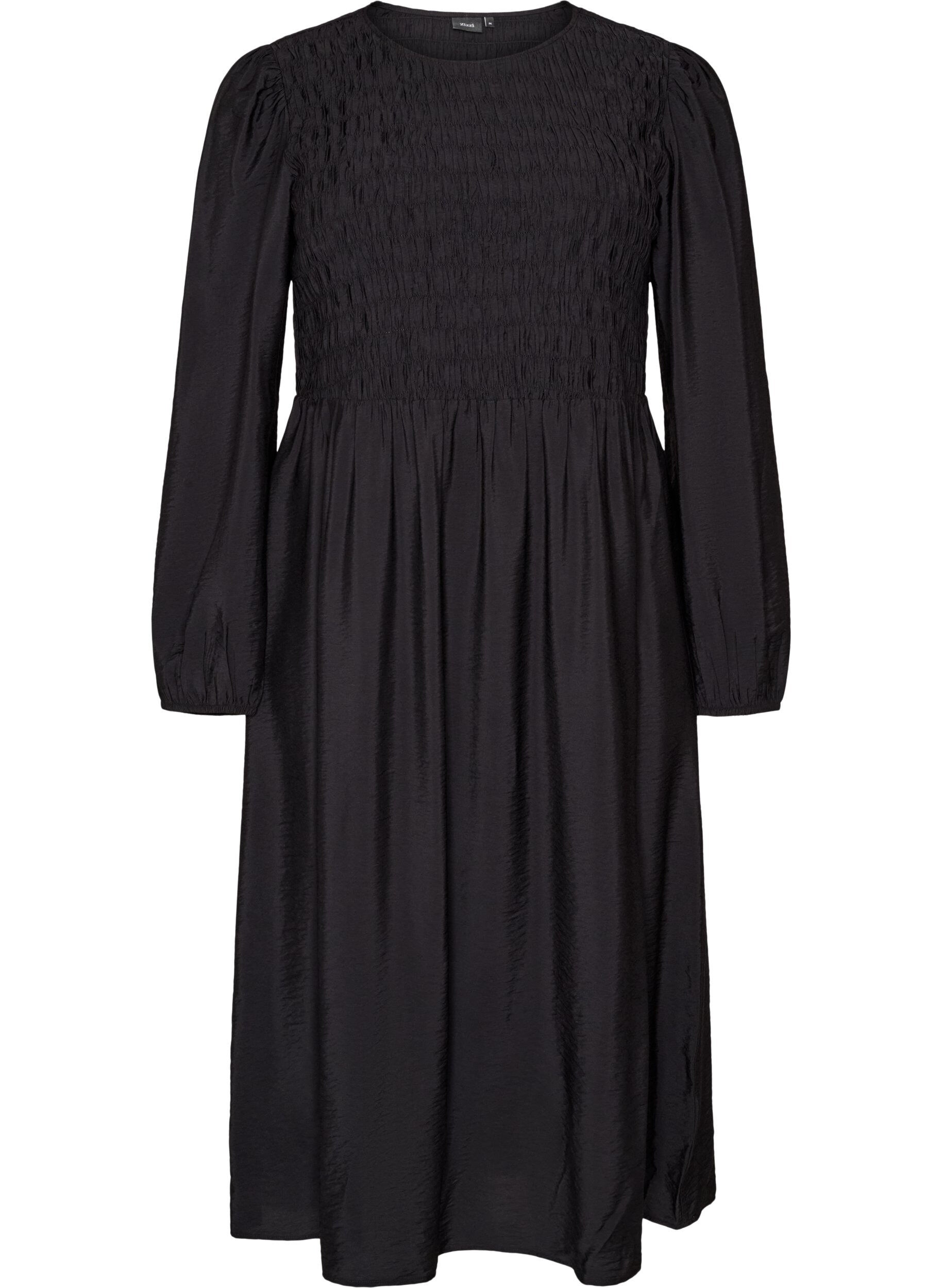 ZizzifashionMidi dress in viscose with smocking, Black, Packshot image number 0