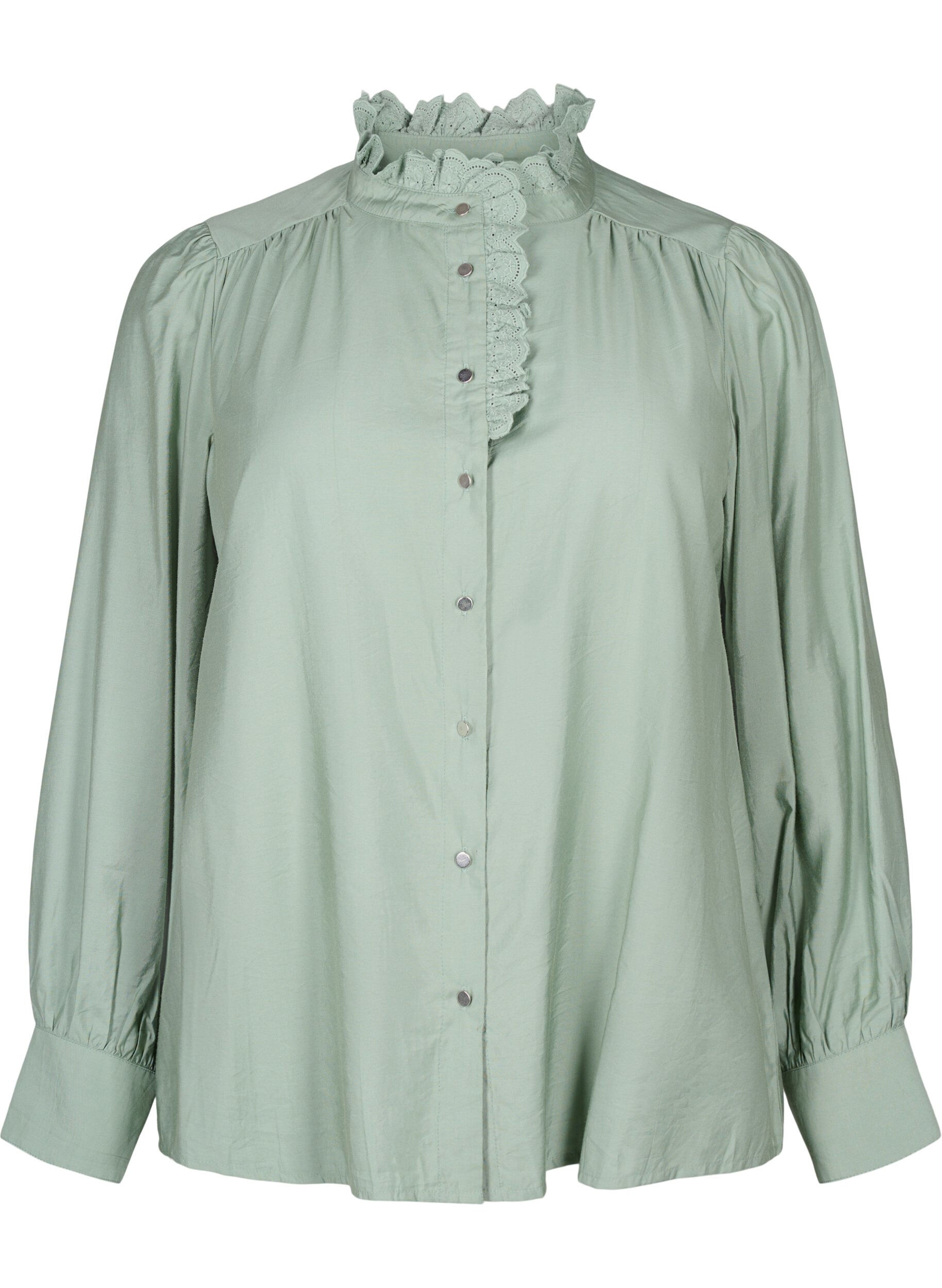 Zizzifashion Viscose shirt blouse with ruffles, Green Bay, Packshot image number 0