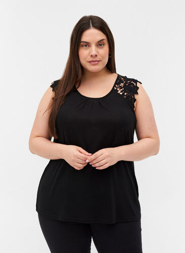 Plain-coloured top with lace sleeves, Black, Model image number 0