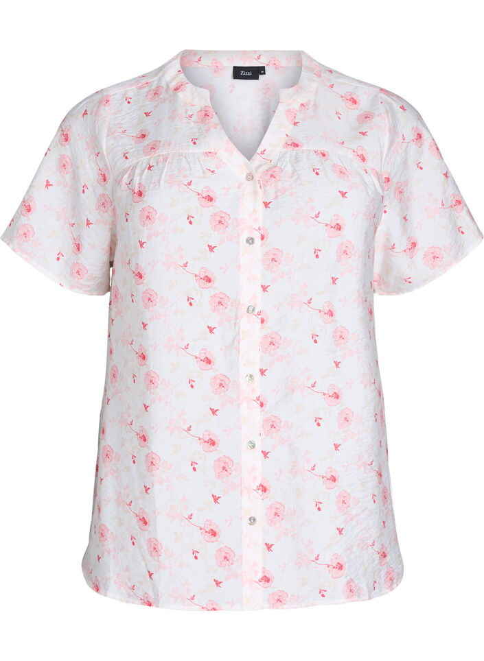 Shirt blouse with short sleeves and floral print, Rose, Packshot image number 0