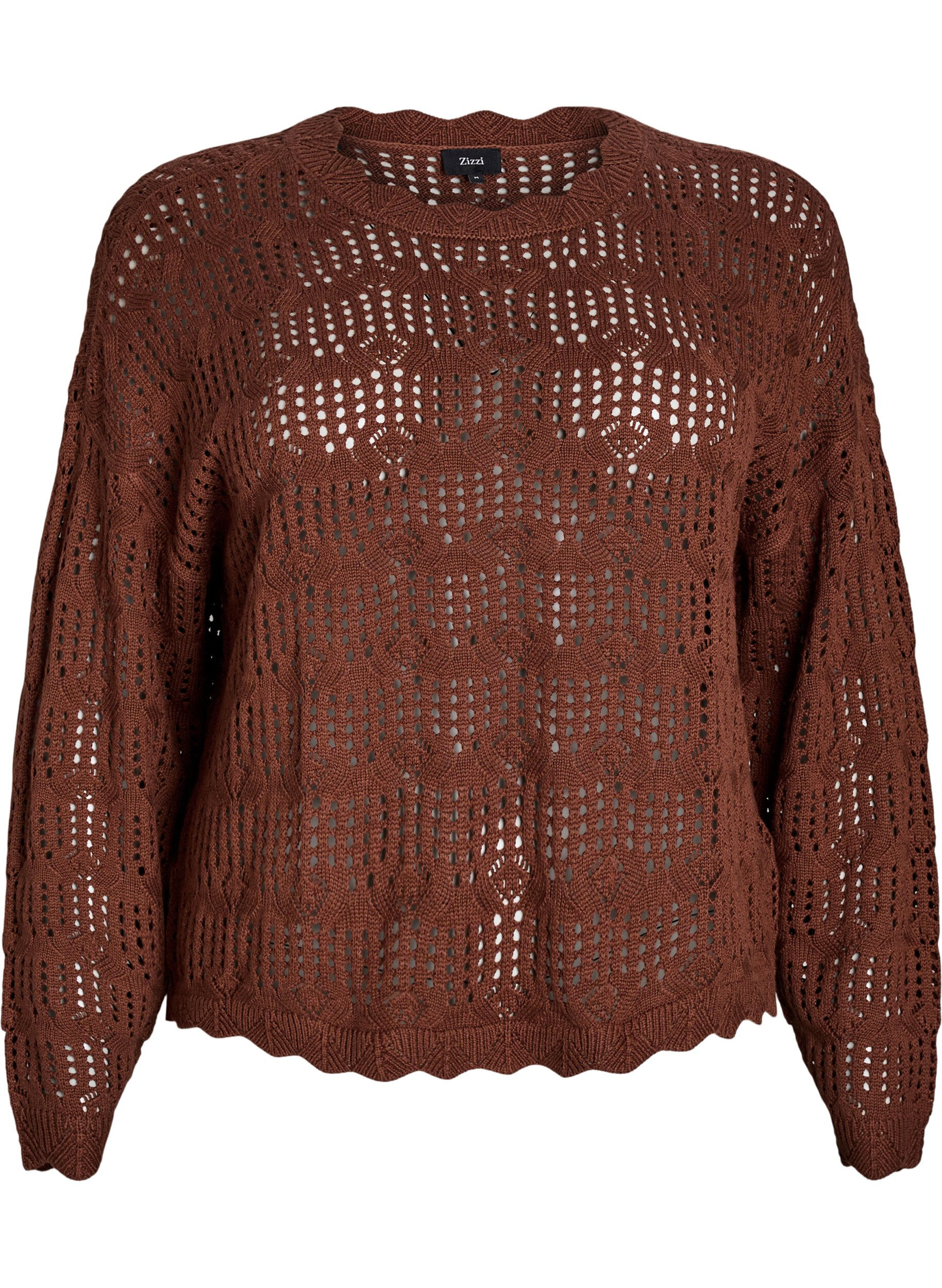 Zizzifashion Loose knitted blouse with eyelet pattern, Brown, Packshot image number 0