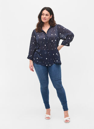 Printed shirt with 3/4 sleeves, Navy Blazer Dot, Model image number 2