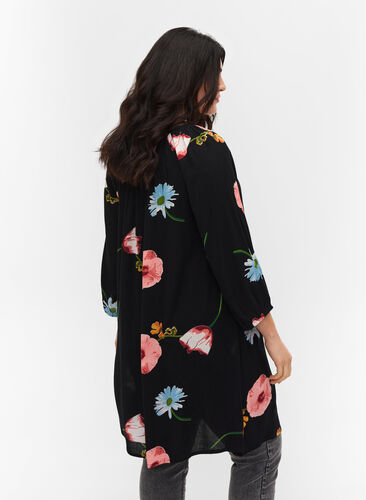 Printed viscose tunic with 3/4-length sleeves , Black Big Flower, Model image number 1