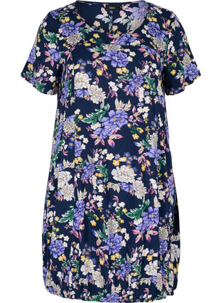 Short-sleeved viscose dress with print, Blue Flower AOP, Packshot image number 0