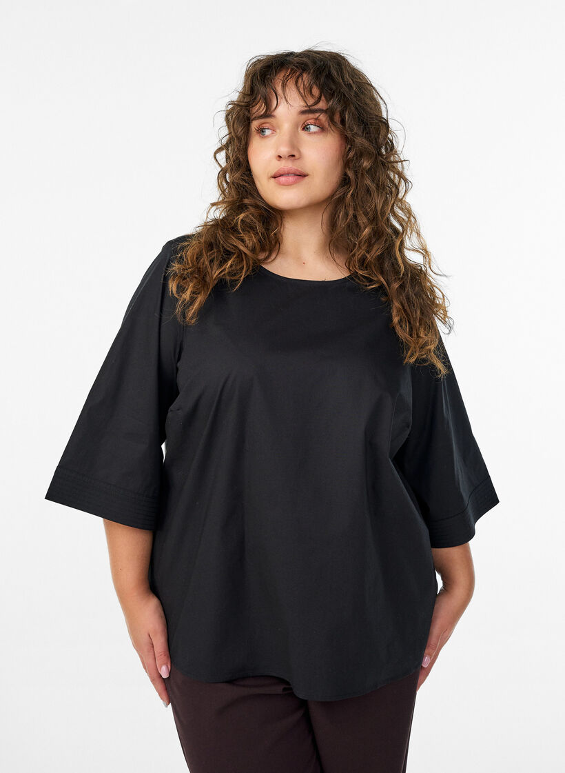 Blouse with stitching details and 3/4 sleeves, Black, Model image number 0