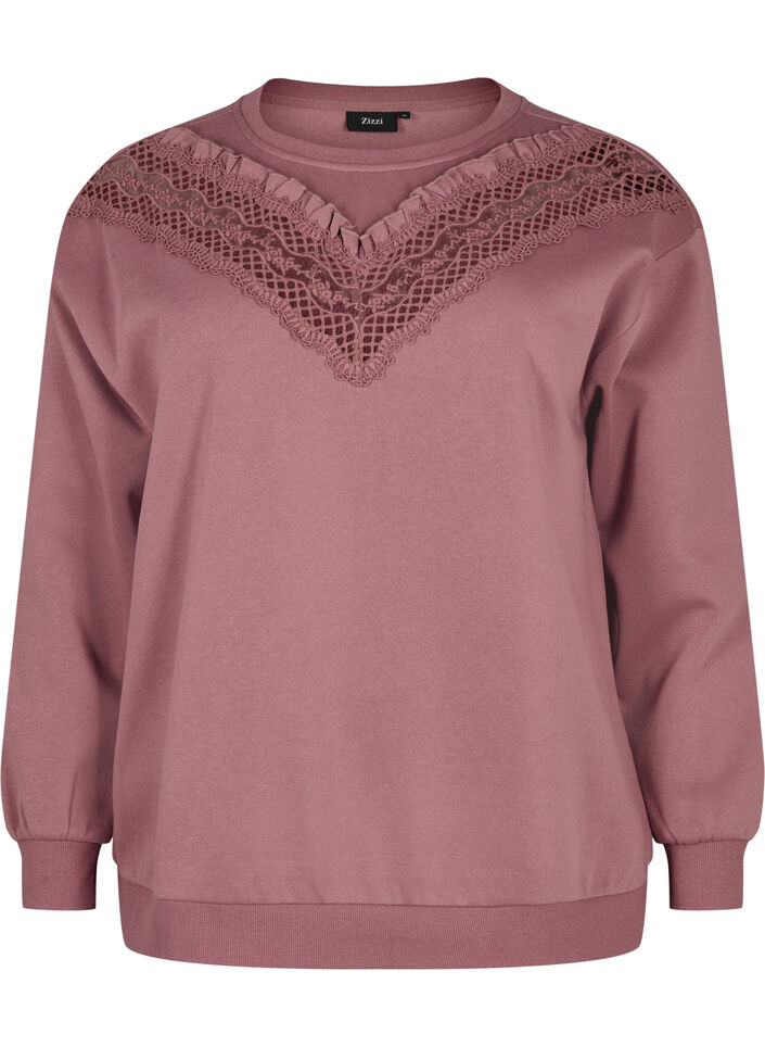 Sweatshirt with ruffle and crochet detail, Rose Brown, Packshot image number 0