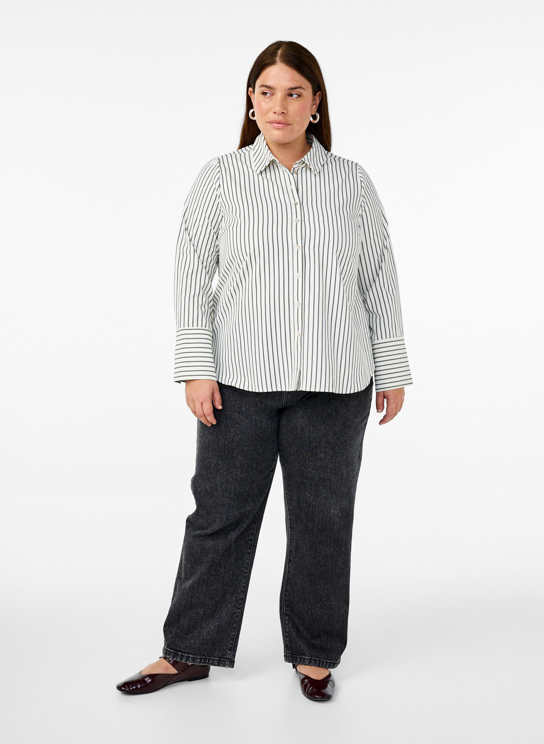 Zizzifashion Striped shirt with wide cuffs, White, Model image number 1