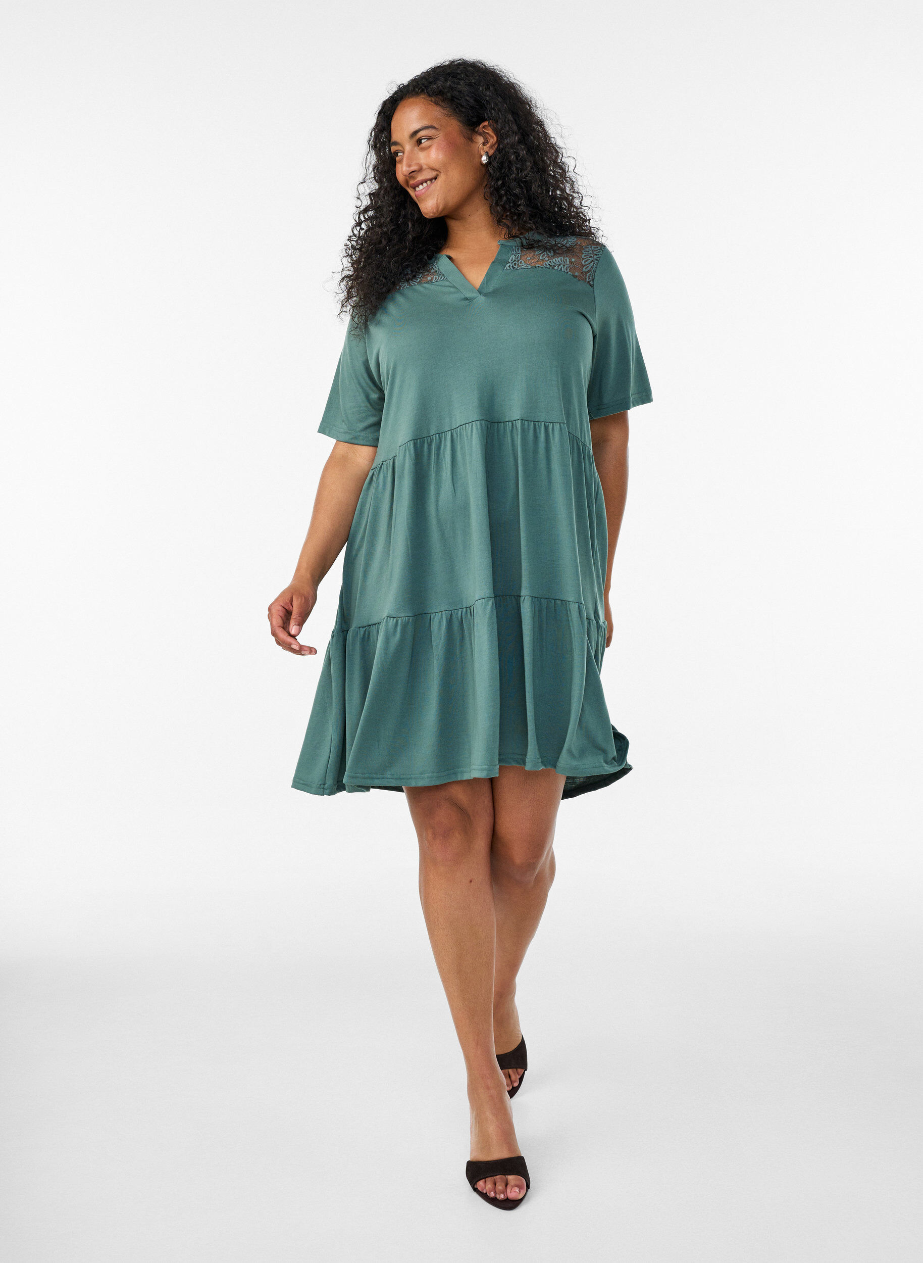 Zizzifashion Jersey dress with lace details and a layered skirt, Green, Model image number 1