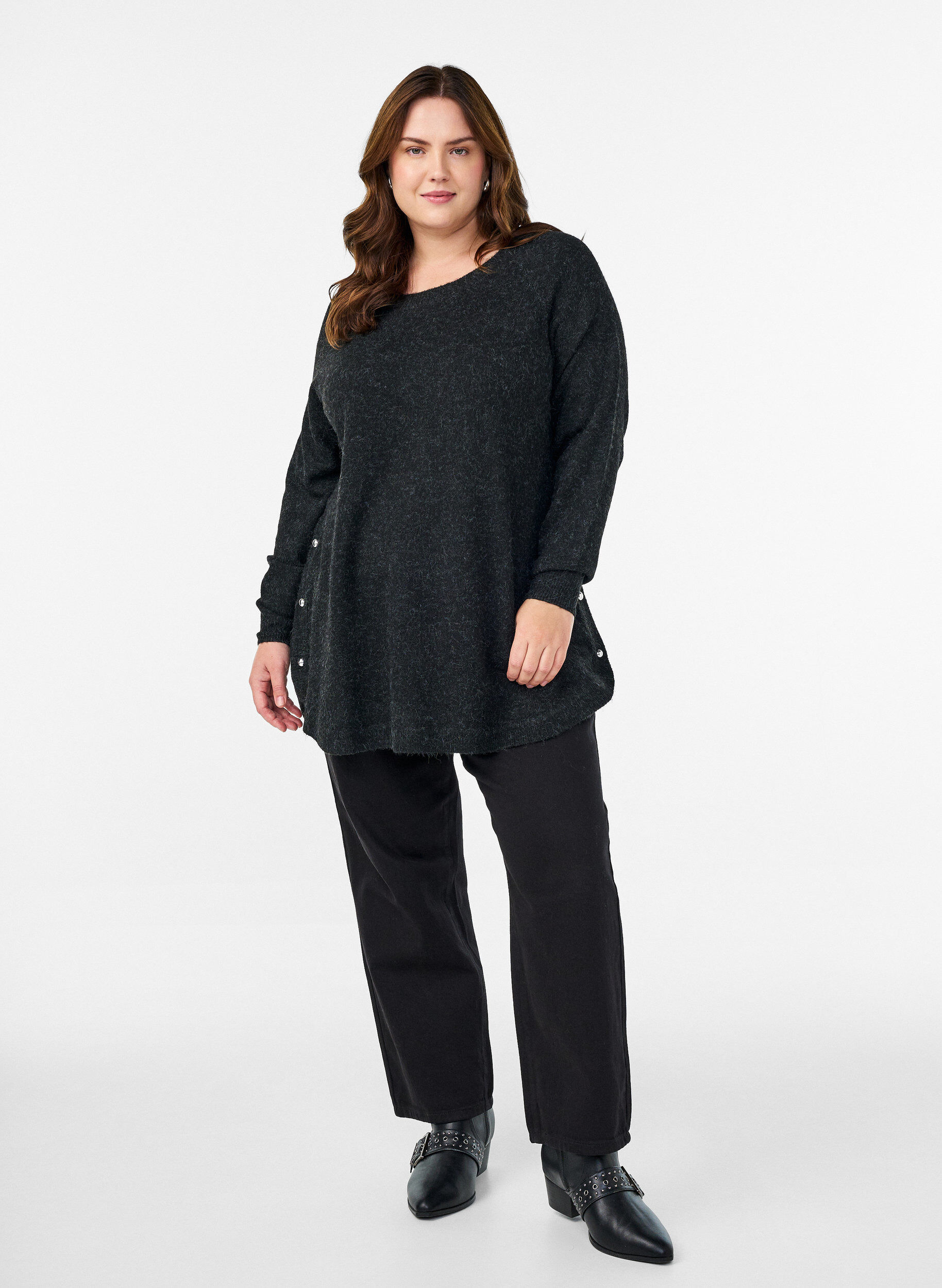 ZizzifashionLong knitted blouse with ball buttons, Dark Grey, Model image number 1