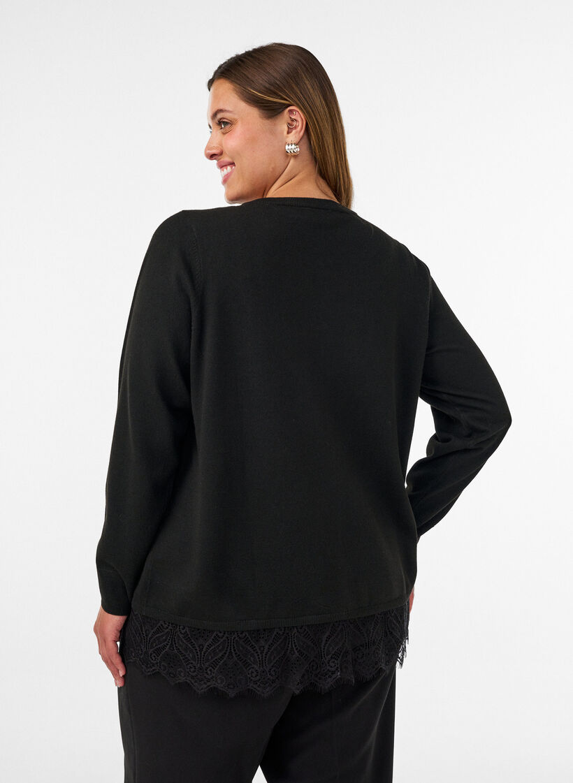 Cardigan with a wide lace hem, Black, Model image number 2