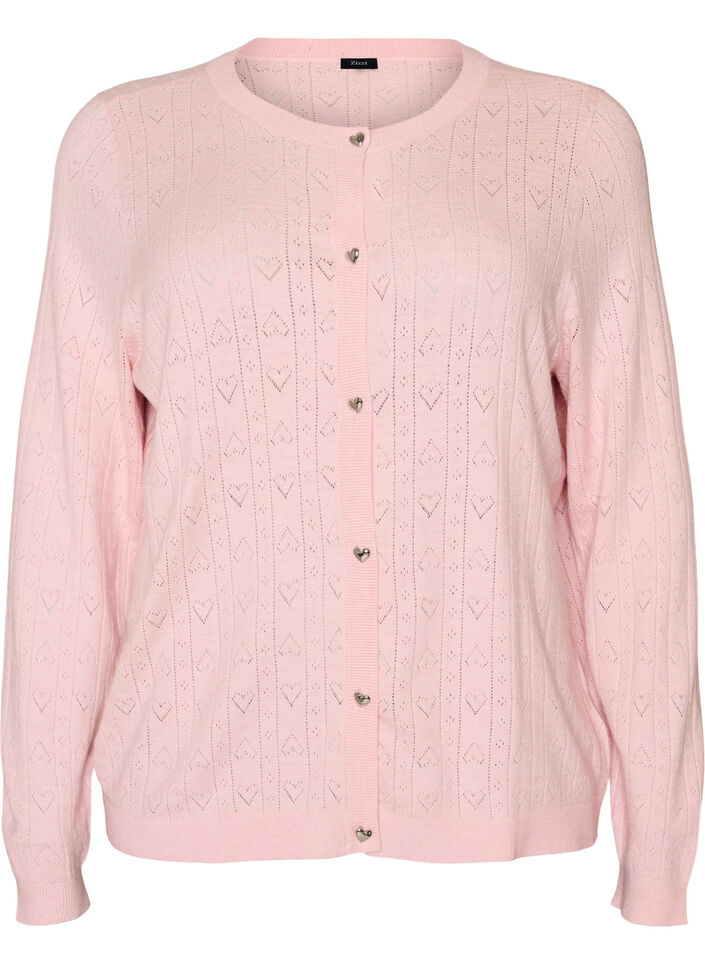 Knitted cardigan with heart eyelet embroidery, Pink, Packshot image number 0