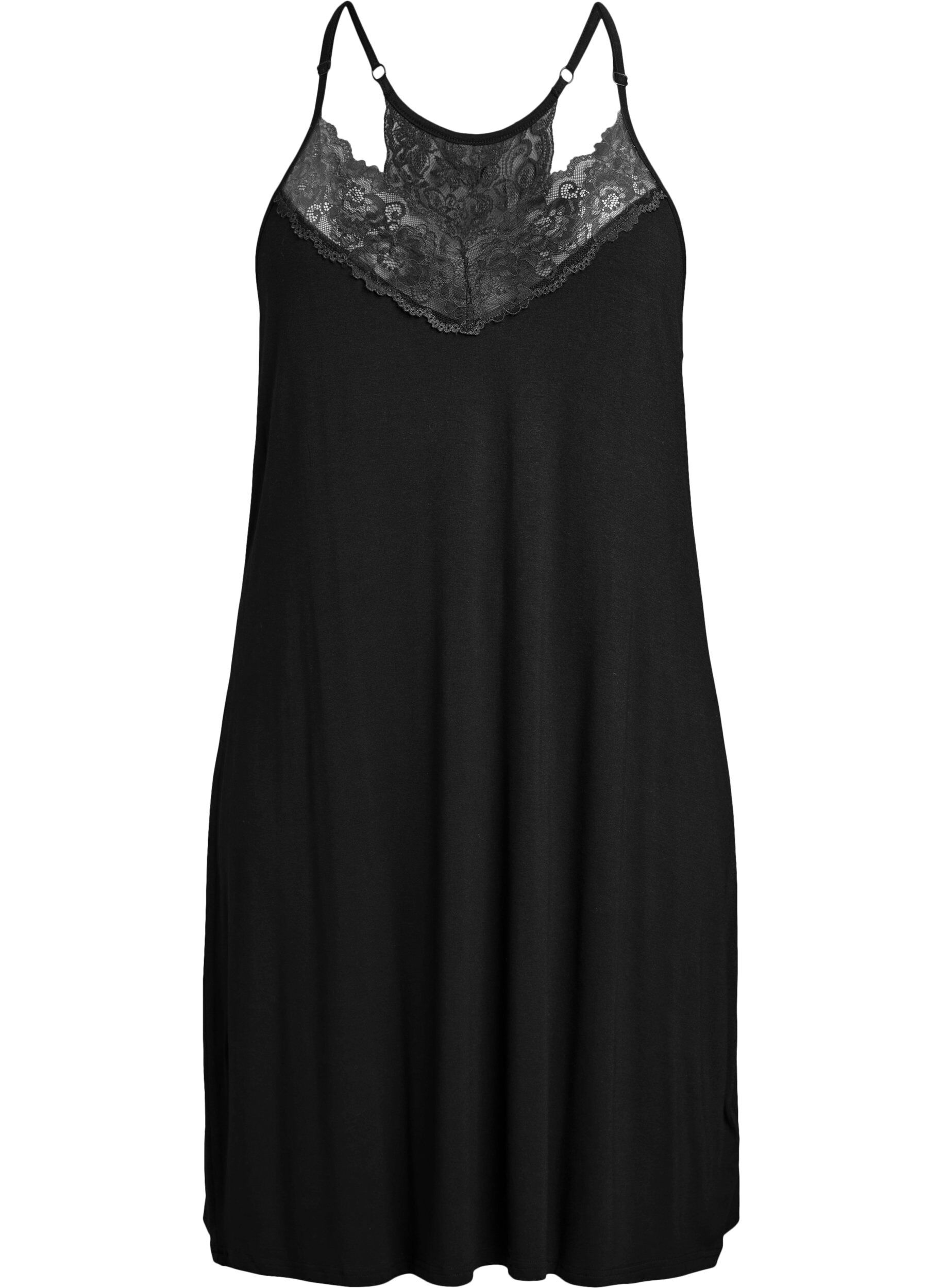 Zizzifashion Sleeveless viscose nightgown with lace details, Black, Packshot image number 0