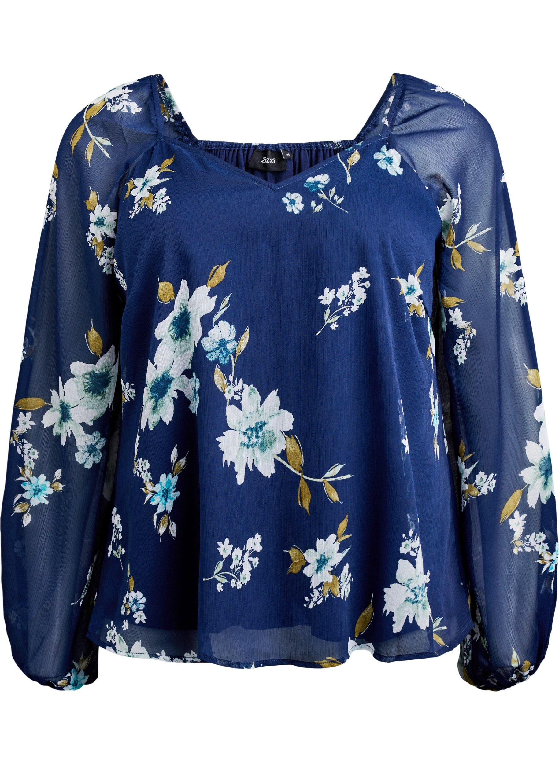 Zizzifashion Chiffon blouse with floral print and long sleeves, Blue, Packshot image number 0