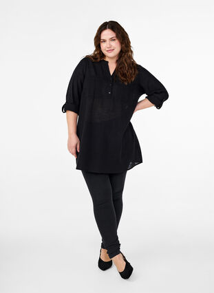Cotton tunic with 3/4 sleeves, Black, Model image number 2