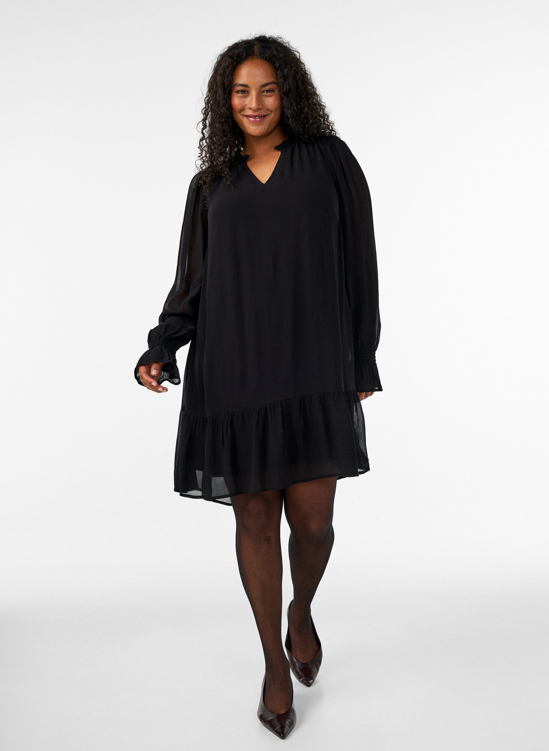 ZizzifashionViscose dress with ruffles and sheer sleeves, Black, Model image number 1