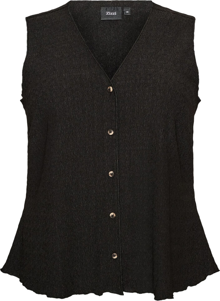 Sleeveless top with a wavy texture and button fastening, Black, Packshot image number 0