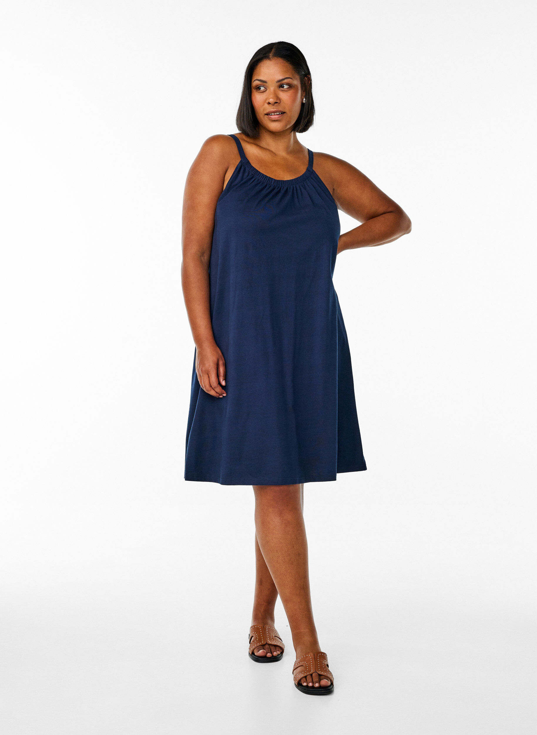 Zizzifashion Knee-length strap dress in organic cotton, Blue, Model image number 1