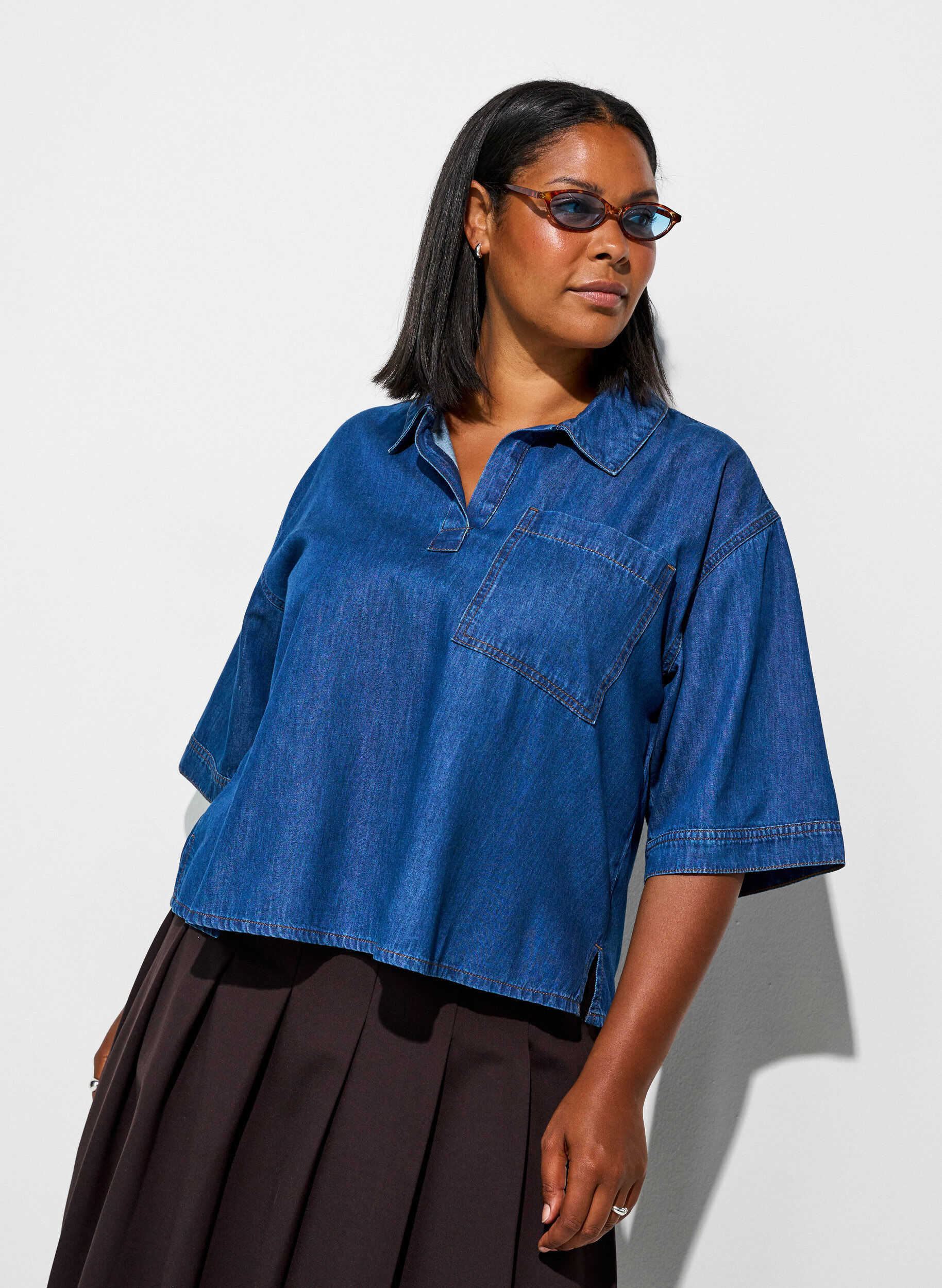 ZizzifashionDenim blouse with a chest pocket and elbow-length sleeves, Blue, Model image number 0
