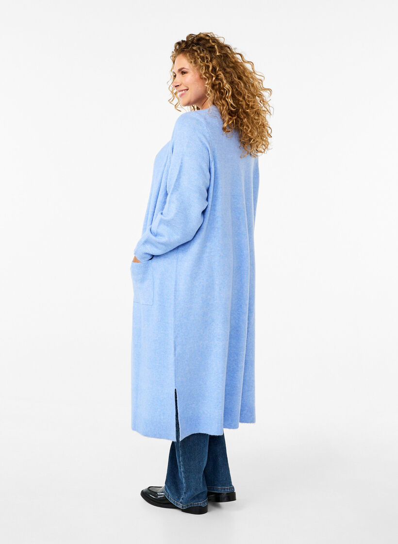 Long knitted cardigan with pockets, Cornflower Blue Mel., Model image number 1