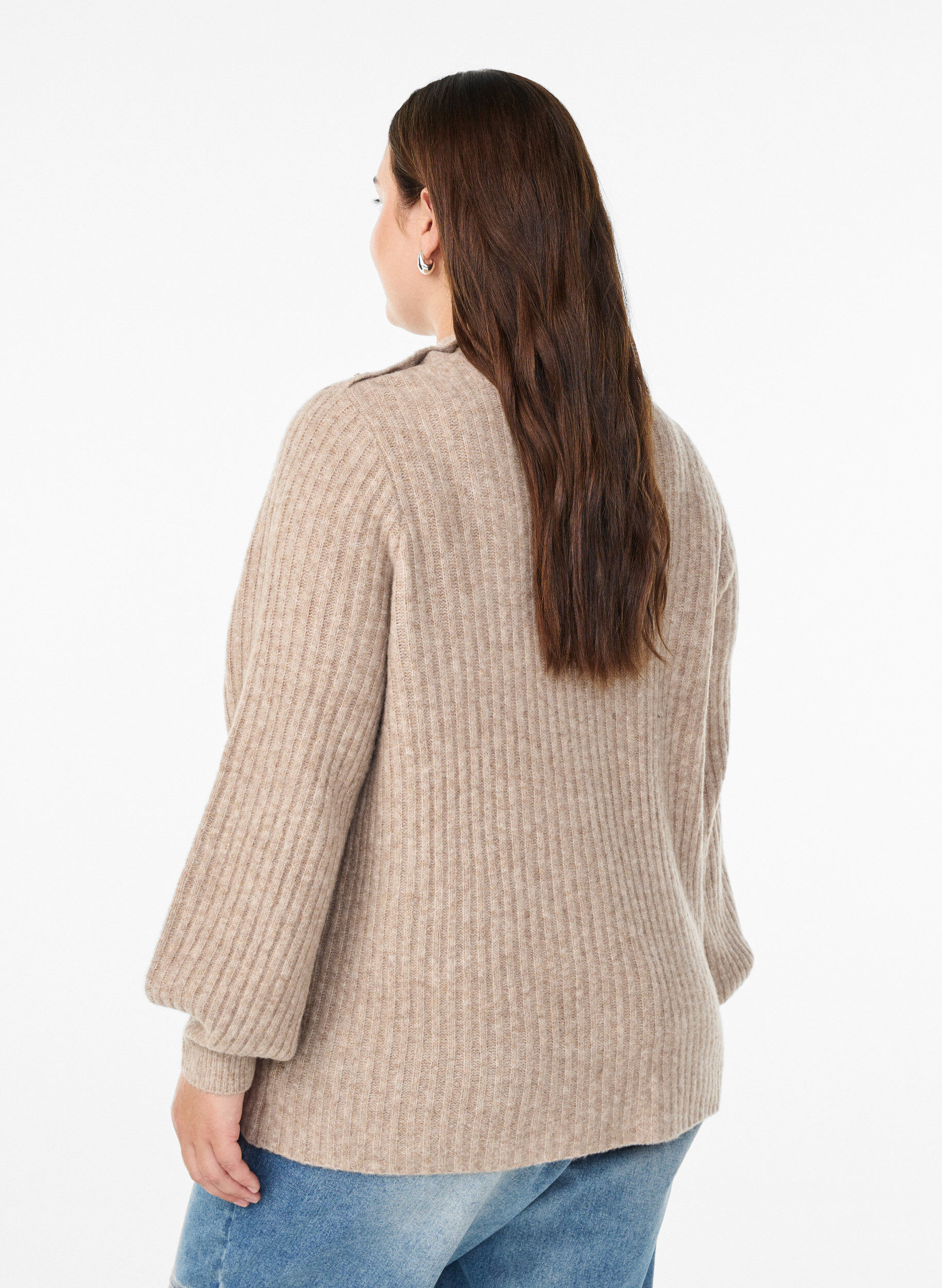 Zizzifashion Ribbed jumper with puff sleeves and buttons, Beige, Model image number 2